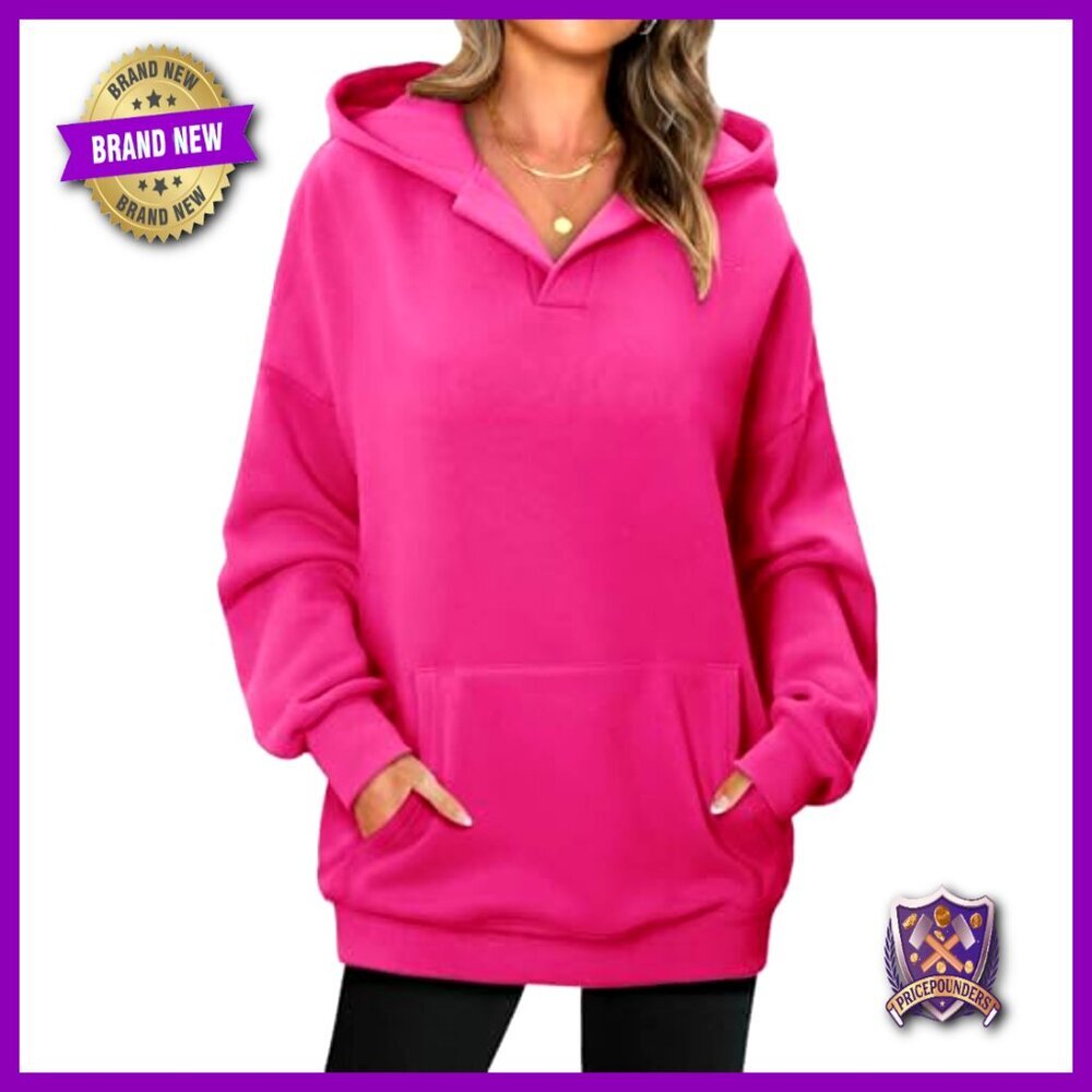 Oversized Fleece Hoodie with Kangaroo Pocket, Drop Shoulder, V-Neck - Picture 4 of 7